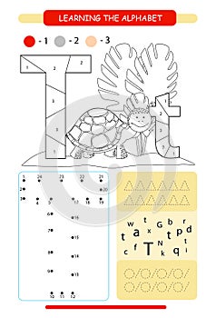 Letter T and funny cartoon turtle. Animals alphabet a-z. Coloring pagtoon zebra. Animals alphabet a-z. Coloring page. Printable wo